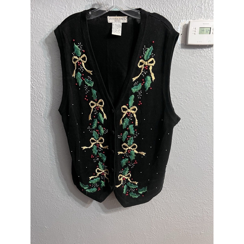 Victoria Jones Sweater Vest Womens Black Vin Poinsettia Sequin Christmas Size 1X